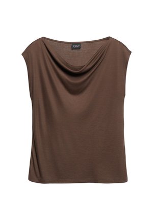 Brązowy top bez rękawów z drapowanym dekoltem typu „cowl“, miękki materiał i luźny krój, opisany marką S.Oliver.