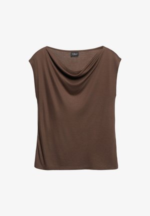 Brązowy top bez rękawów z drapowanym dekoltem typu „cowl“, miękki materiał i luźny krój, opisany marką S.Oliver.