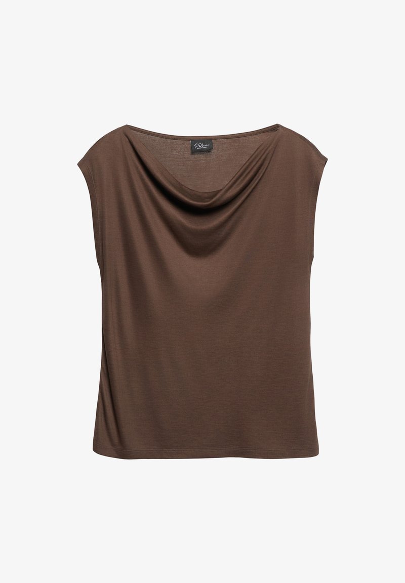 Top marron sans manches avec encolure drapée, tissu doux et coupe décontractée, étiquette S.Oliver.