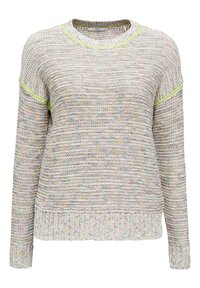 Lätt stickad tröja i pastellfärger med en strukturerad väv. Har en rund halsringning och kontrasterande neongröna detaljer vid axlarna.