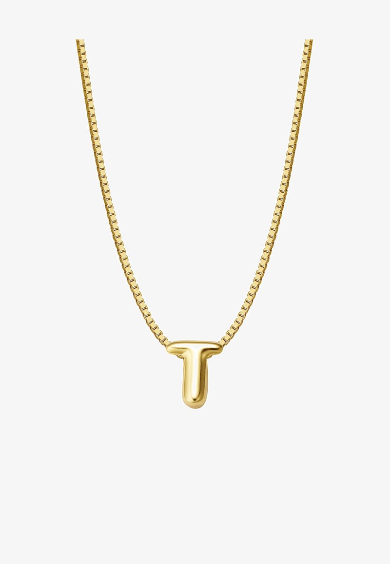 Auksinė grandinėlė su lygiu, blizgiu „T“ pakabuku, turinčiu kvadratinio ryšulio dizainą ir poliruotą paviršių.