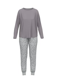 Tvådelad set av loungekläder bestående av en långärmad grå topp och grå byxor med leopardmönster och mudd. Mjukt tyg, avslappnad passform.