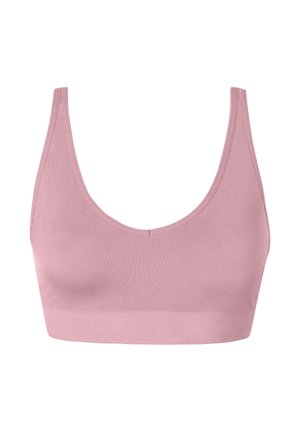 Light pink bralette featuring a scoop neckline, wide straps, and a seamless design. Made of smooth, stretchy fabric for comfort.