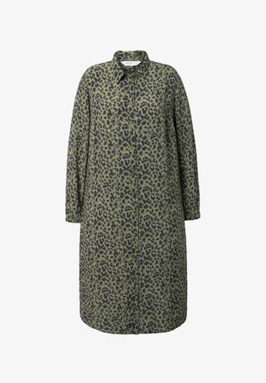 Vestito camicia con stampa leopardata in verde e blu navy, caratterizzato da maniche lunghe, chiusura con bottoni e silhoutte rilassata. Tessuto morbido.