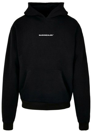 Sort hættejakke lavet af blødt materiale, med en frontkangaroo lomme og et hvidt logo "MJGONZALES" på brystet. Regular fit med snoretræk i hætten.