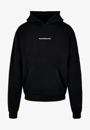 Čierna mikina s kapucňou vyrobená z mäkkého materiálu, s prednou klokankou a bielym logom "MJGONZALES" na hrudi. Štandardný strih s kapucňou na stiahnutie.