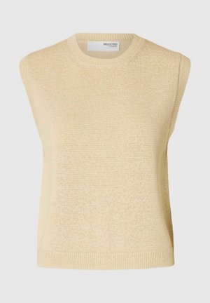 Pull sans manches de couleur beige clair, confectionné en tissu tricoté texturé. Présente un col rond et un ourlet côtelé, avec un éclat subtil sur l'ensemble.
