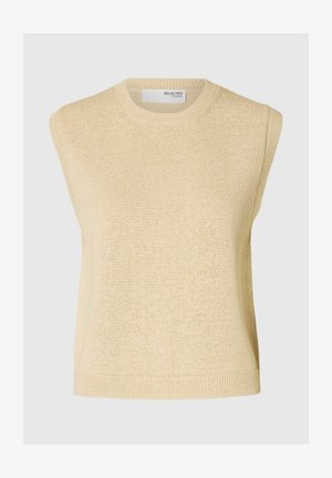 Bezrukavni pulover u svijetloj bež boji, izrađen od teksturirane pletene tkanine. Ima okrugli izrez i rebrasti rub, s blagim sjajem kroz cijelu površinu.