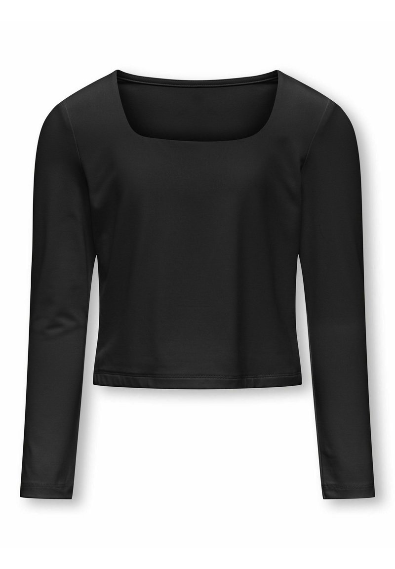 Top cropped nero a maniche lunghe con scollatura quadrata, realizzato in tessuto liscio con una silhouette aderente e senza motivi o decorazioni evidenti.