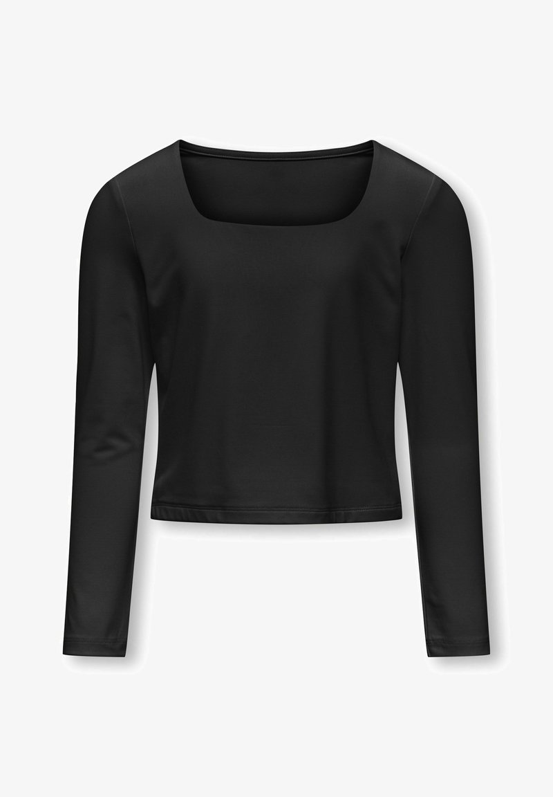 Top cropped nero a maniche lunghe con scollatura quadrata, realizzato in tessuto liscio con una silhouette aderente e senza motivi o decorazioni evidenti.