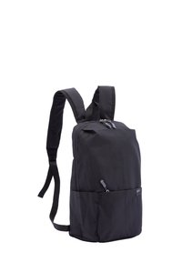 Black backpack made of durable fabric. Features a top zip closure, adjustable straps, and a front pocket with a zipper pull. Simple design.