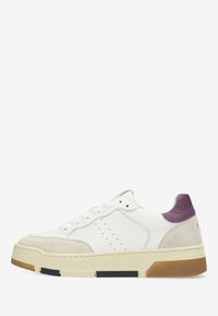White leather sneaker with a suede toe cap, purple faux fur heel accent, padded collar, and textured rubber outsole. Features perforation details.
