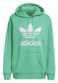 Mátově zelená mikina s kapucí z měkké látky, s klokaní kapsou, stahovací kapucí a velkým bílým logem Adidas na přední straně.