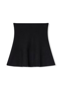 Gonna a linea A nera in maglia con vita aderente e orlo svasato, presentata su uno sfondo bianco.