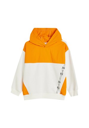 Sudadera con capucha que presenta un vibrante diseño en bloques de color naranja y blanco. Textura suave con un estampado gráfico lateral y puños acanalados.