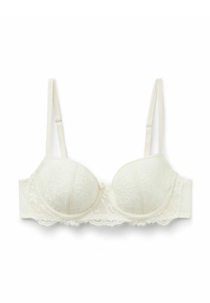 Sostén blanco con ribete de encaje, copas acolchadas, soporte con varilla, tirantes elásticos y un detalle de lazo en el centro. Patrón floral texturizado en la tela.