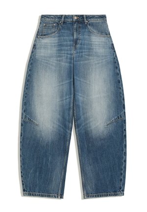 Jean bleu à jambes larges avec devant délavé, poches avant, passants de ceinture et fermeture par bouton à la taille.