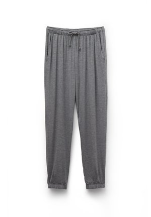 Pantaloni jogger grigi morbidi con vita elasticizzata, coulisse, tasche laterali e polsini elasticizzati, adatti per un abbigliamento informale.