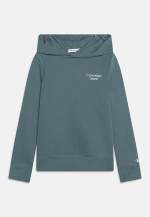 Sweat à capuche bleu-vert Calvin Klein Jeans avec manches longues, une poche ventrale avant et un logo en texte blanc sur la poitrine et le bord de la manche.