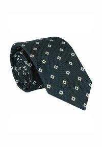 Marineblaue Krawatte aus strukturiertem Stoff mit wiederholtem Diamantmuster in Weiß. Verjüngtes Design mit gerolltem Aussehen.