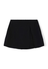 Minigonna nera con una leggera spacco frontale, caratterizzata da una texture liscia e una chiusura a zip discreta sul retro. Design semplice e moderno.