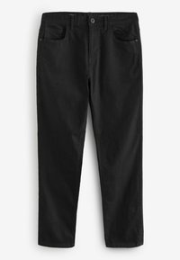 Pantalonii negri din bumbac au un design clasic cu picior drept, buzunare frontale și închidere cu buton în față. Textură netedă, fără modele sau accente.