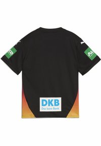 Must mustrepp, millel on lühikesed varrukad, millel on allosas kahanev punasest oranžiks gradient ning seljal mitmed sponsori logod.