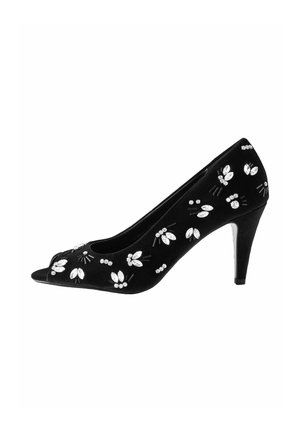 Chaussure à talon haut noire à bout ouvert, ornée de décorations florales et géométriques en perles blanches et argentées.