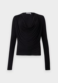 Black long-sleeve top with draped neckline, fitted design, soft texture, and smooth fabric. Label reads "WEEKDAY."