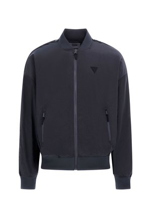 Black bomber jacket in lightweight material, featuring zippered pockets, ribbed cuffs and collar, with a subtle logo on the chest.