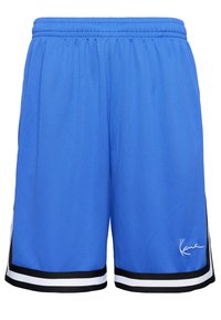 Shorts de sport bleus en tissu léger, avec des rayures latérales noires et blanches et un logo distinctif en bas à droite.