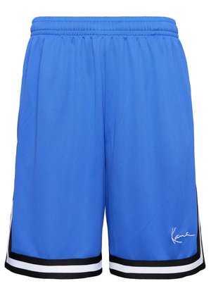 Blue athletic shorts made of lightweight fabric, featuring black and white side stripes and a signature logo on the lower right.