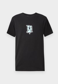 Black cotton t-shirt featuring a light blue graphic logo on the chest. Short sleeves and crew neck design. Smooth texture, casual fit.