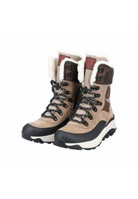 Bottes de randonnée en daim marron avec des poignets en fausse fourrure blanche, lacets noirs et semelles en caoutchouc. Présente des accents supérieurs en marron foncé et un logo rouge.