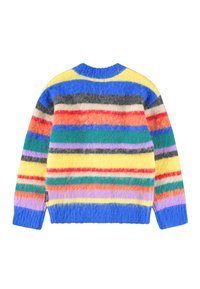 Multicolored fuzzy knit sweater featuring horizontal stripes in yellow, blue, red, green, gray, and purple. Round neckline and long sleeves.