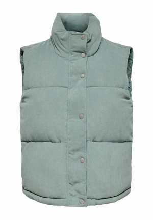 Chaleco acolchado sin mangas de color verde claro, con cuello alto y cierre de botones a presión en la parte delantera.