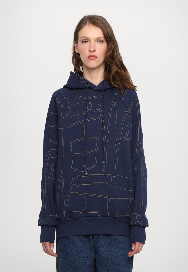 Navy blue hoodie with a drawstring, featuring a geometric stitch pattern in gold. Soft fabric with a relaxed fit and ribbed cuffs.