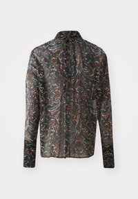 Läbipaistev must särk värvilise paisley mustriga, pikkade varrukatega ja kraega. Seljaosas on nööbid.