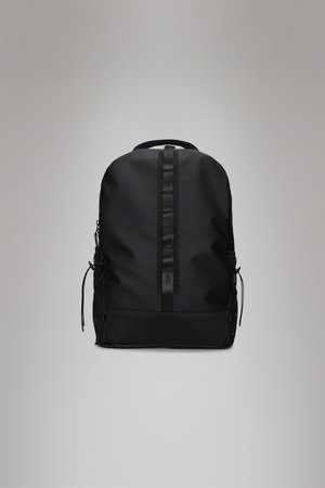Black backpack with a smooth, matte finish. Features side mesh pockets, adjustable straps, and a prominent logo on the front.