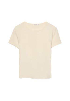 T-shirt colore crema a maniche corte realizzato in tessuto morbido. Presenta un classico collo rotondo e una vestibilità rilassata, senza motivi o dettagli evidenti.