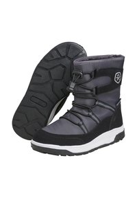 Grå isolerade stövlar med ett vattentätt övermaterial, försedda med elastiska snören, en strukturerad svart gummisula och en vit dekorativ kant.