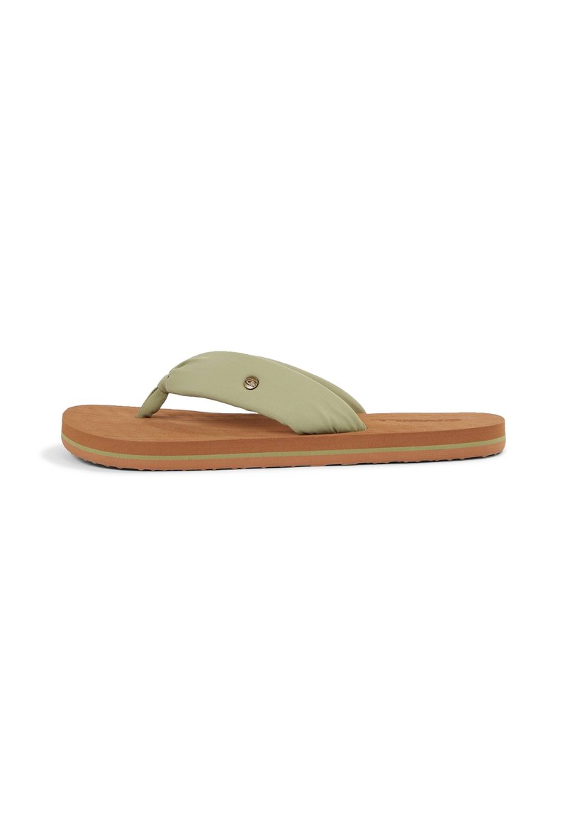 Grøn flip-flop sandal lavet af blødt stof med en tekstureret brun gummisål. Har en knyttet strop og en rund metalaccent.