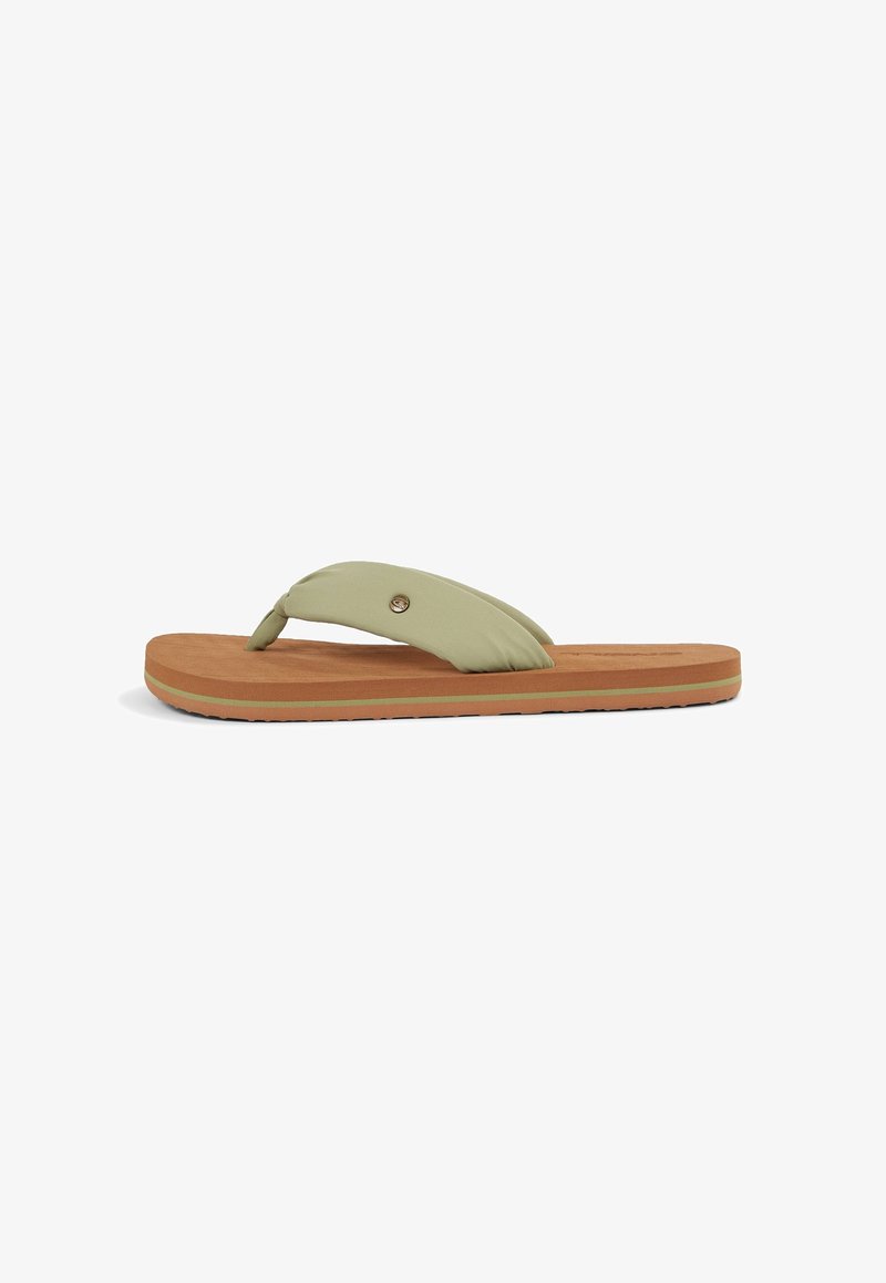 Green flip-flop sandal made of soft fabric with a textured brown rubber sole. Features a knotted strap and round metal accent.