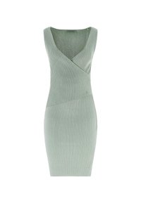 Robe en maille sans manches de couleur vert doux, avec un décolleté en V et un design à croisillon à l'avant, texturée en côte et agrémentée d'un discret logo.