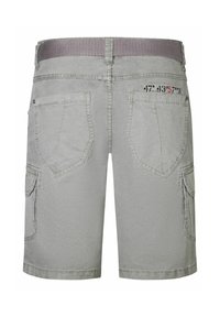 Gray cargo shorts with a textured fabric, featuring two back pockets, side pockets, and a woven waistband. Visible branding near the waist.