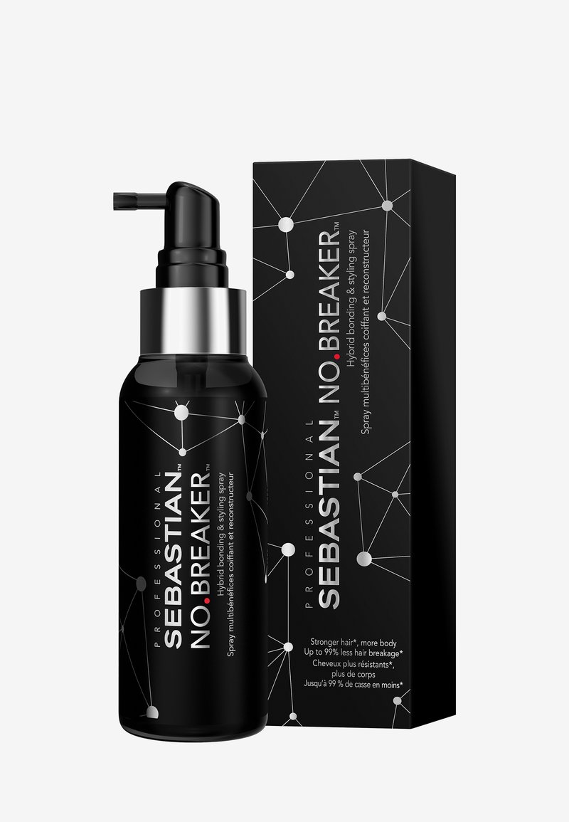 Sort sprayflaske med sølvaccentueringer, mærket "Sebastian No Breaker," ved siden af en sort kasse med hvidt molekylært mønster design.
