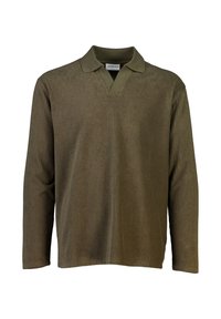Polo a maniche lunghe in verde oliva, con texture a coste, dettaglio del colletto e scollatura a V per un fit rilassato.
