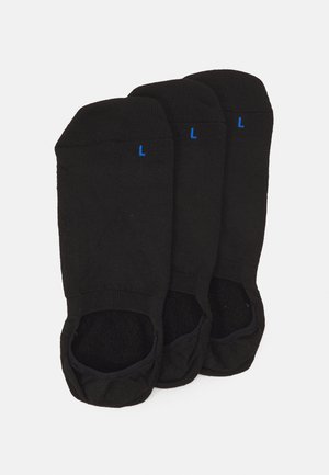 Black ankle socks set of three, made of soft fabric, featuring a ribbed structure, with blue 'L' labels on the toe area for size identification.