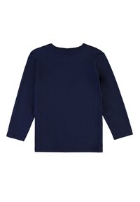 Camicetta a maniche lunghe blu navy realizzata in morbido cotone; presenta un colletto rotondo e maniche a taglio dritto senza motivi o dettagli visibili.
