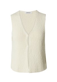 Cremfarbenes ärmelloses Oberteil mit V-Ausschnitt, strukturiertem Stoff und einem Frontschlitz. Lässiges Design, ideal zum Schichten oder für warmes Wetter.